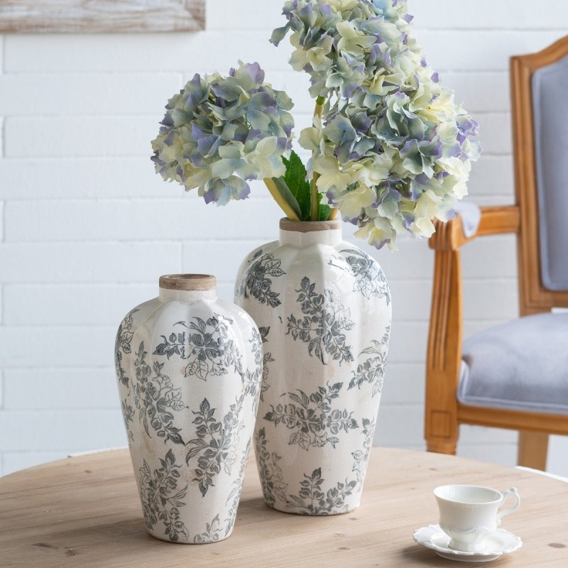 8.1″x13.6″ Flower Pitcher Vase, Tabletop Decor Bottle White Ceramic Gray Floral