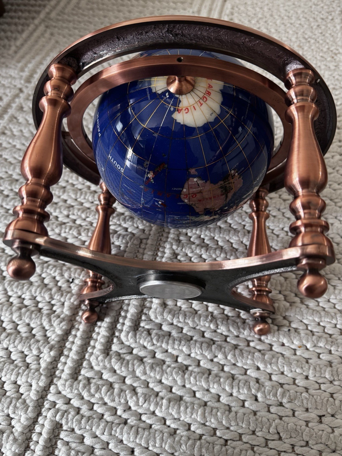 Semi-Precious Gemstone Globe 9” In Copper Tone Stand with Compass