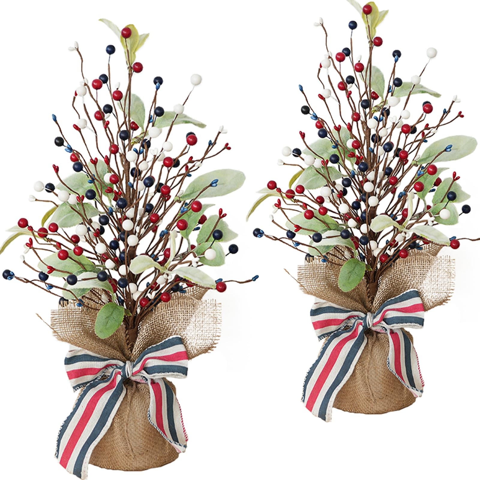 2 Pack 4th of July Artificial Tree Tabletop Decor Patriotic Tree Red Blue White