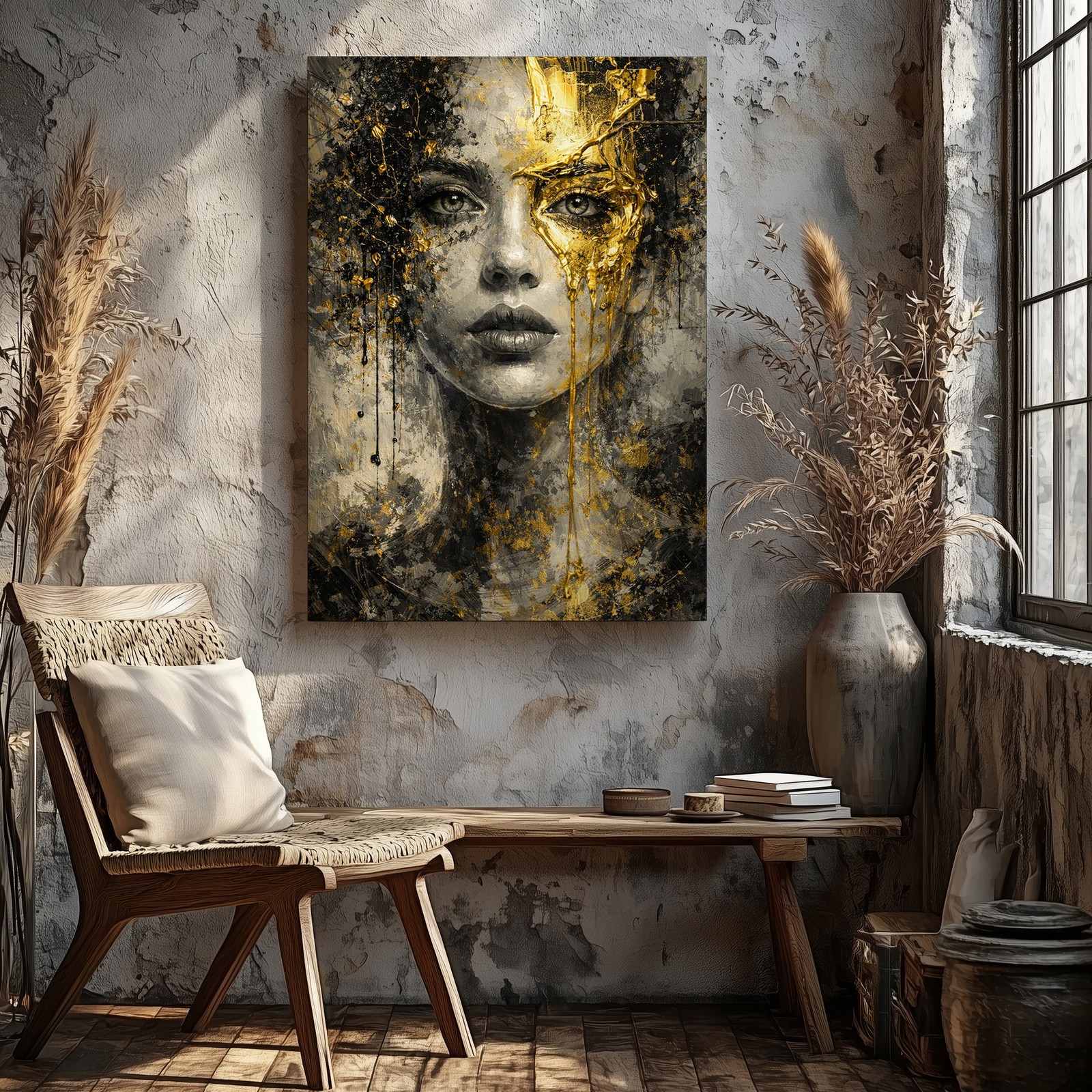 Abstract Modern Woman Face Canvas Wall Art Gold Black Textured Contemporary