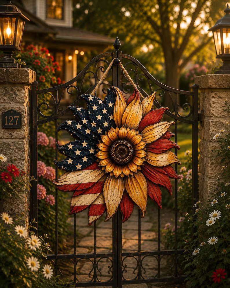 Patriotic Sunflower Wall Sign with Rope Home Decor