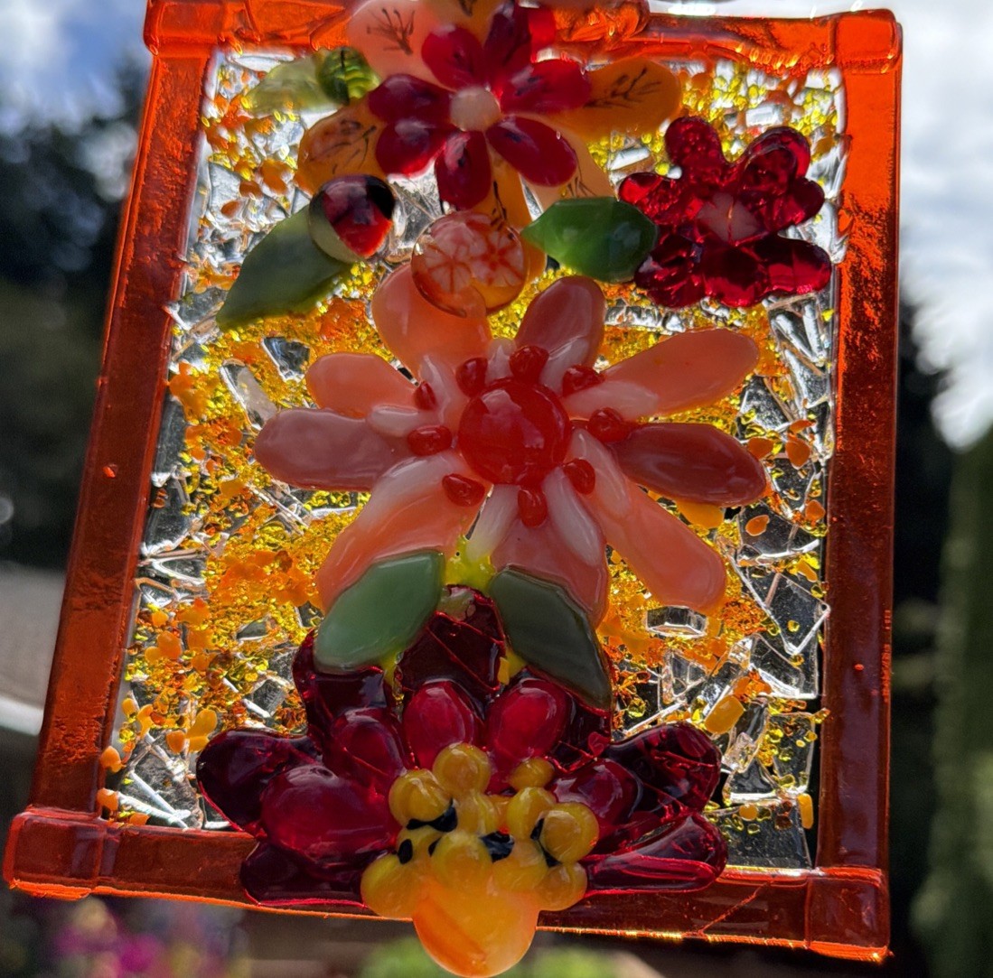Fused Glass Handmade Flowered Rectangular Multicolor Sun Catcher Signed