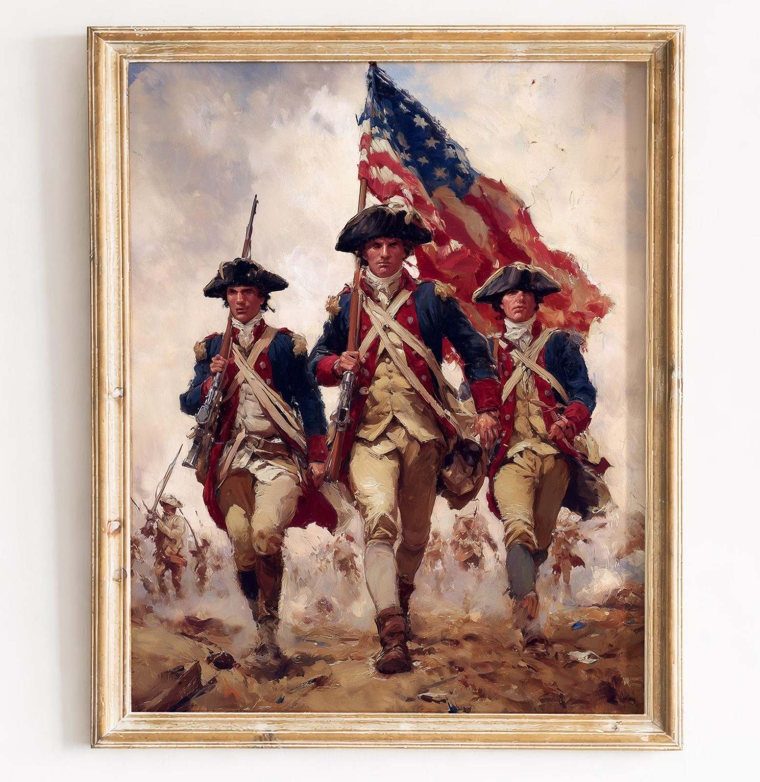 Revolutionary War Soldiers with Flag, Heroic Historical Battle Scene Poster