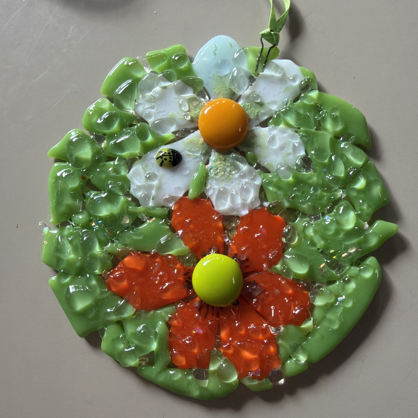 Fused Glass Handmade Round Multicolor Flower Sun Catcher Signed By Artist