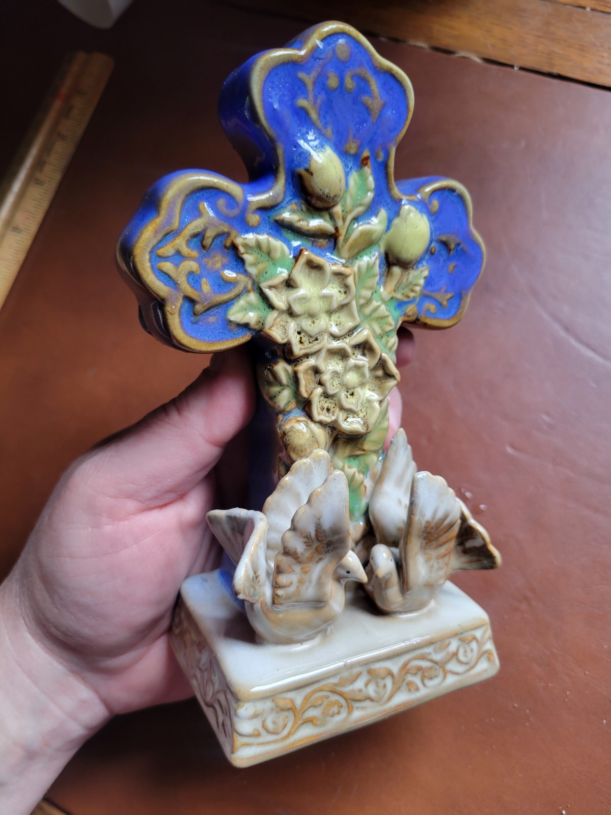 Ceramic Glazed Religious Inspirational Cross, Doves & Flowers Decor