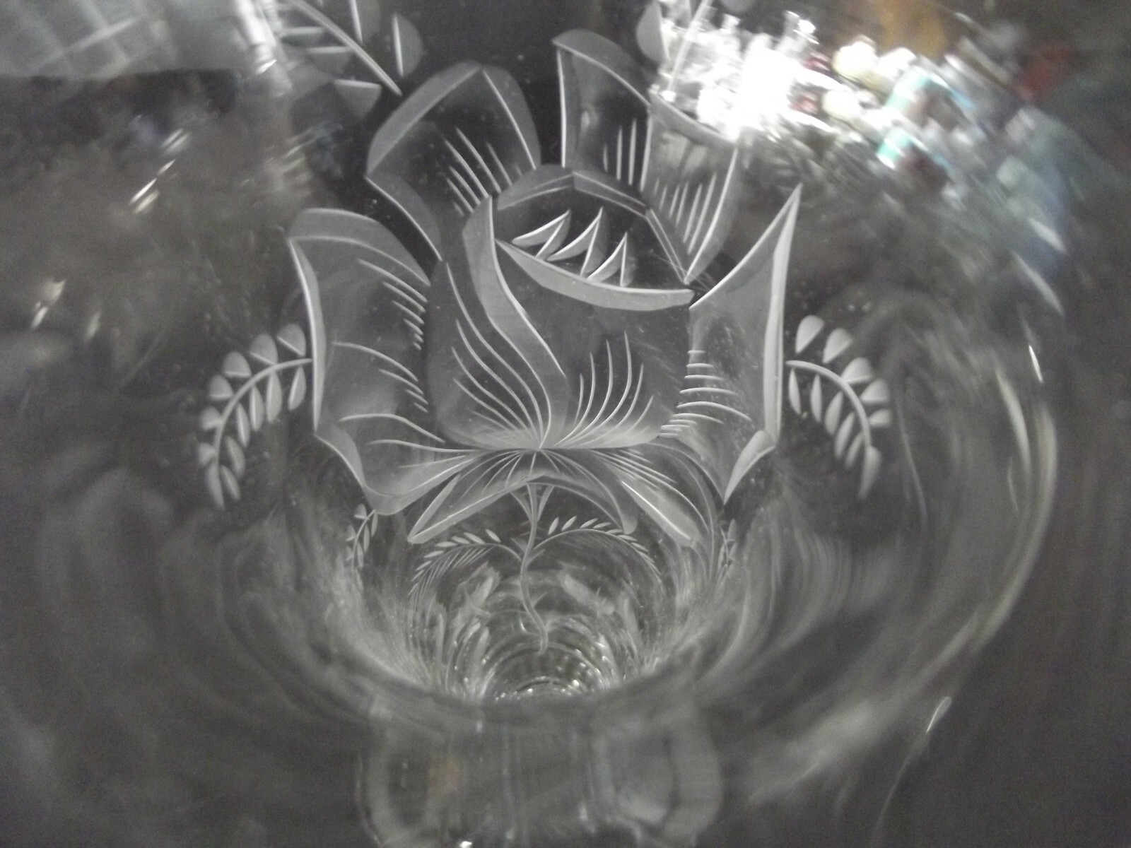 12″ footed Trumpet Flared VASE Art Glass leaded Crystal etched cut engraved Rose
