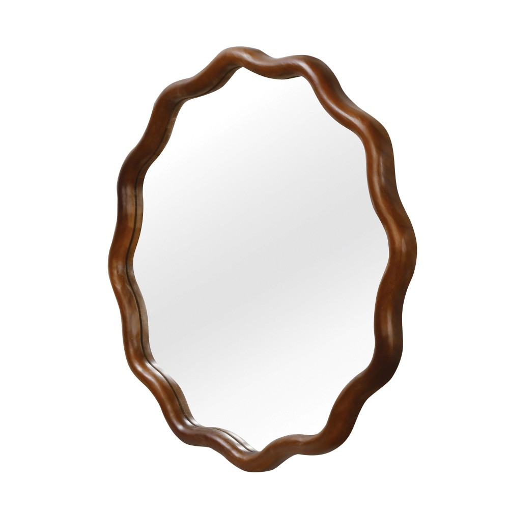 30in Wavy Round Mirror Wood Frame Mid-Century Modern Mirror For Bedroom Bathroom