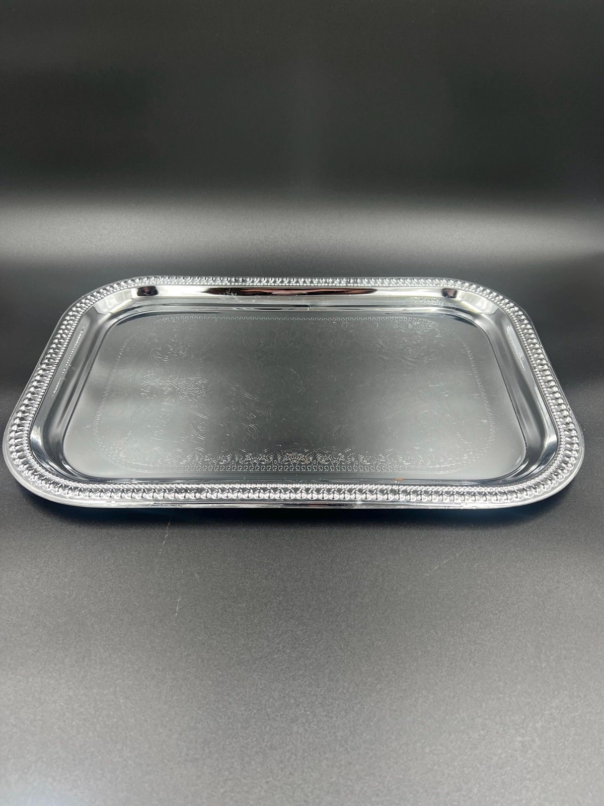 Chrome Serving Tray Large Rectangular Silver Tone Beaded Rim Decor