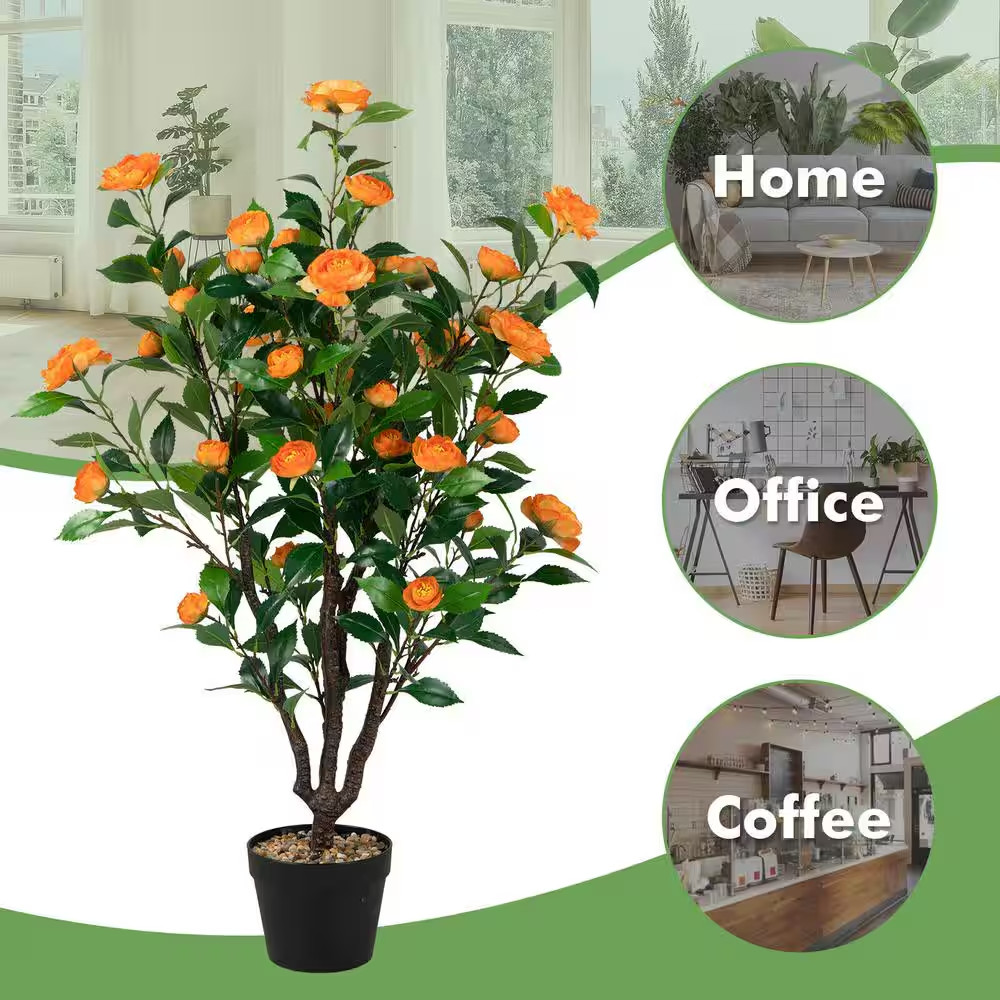 40 In. Green and Yellow Indoor Outdoor Decorative Artificial Camellia Tree in Po