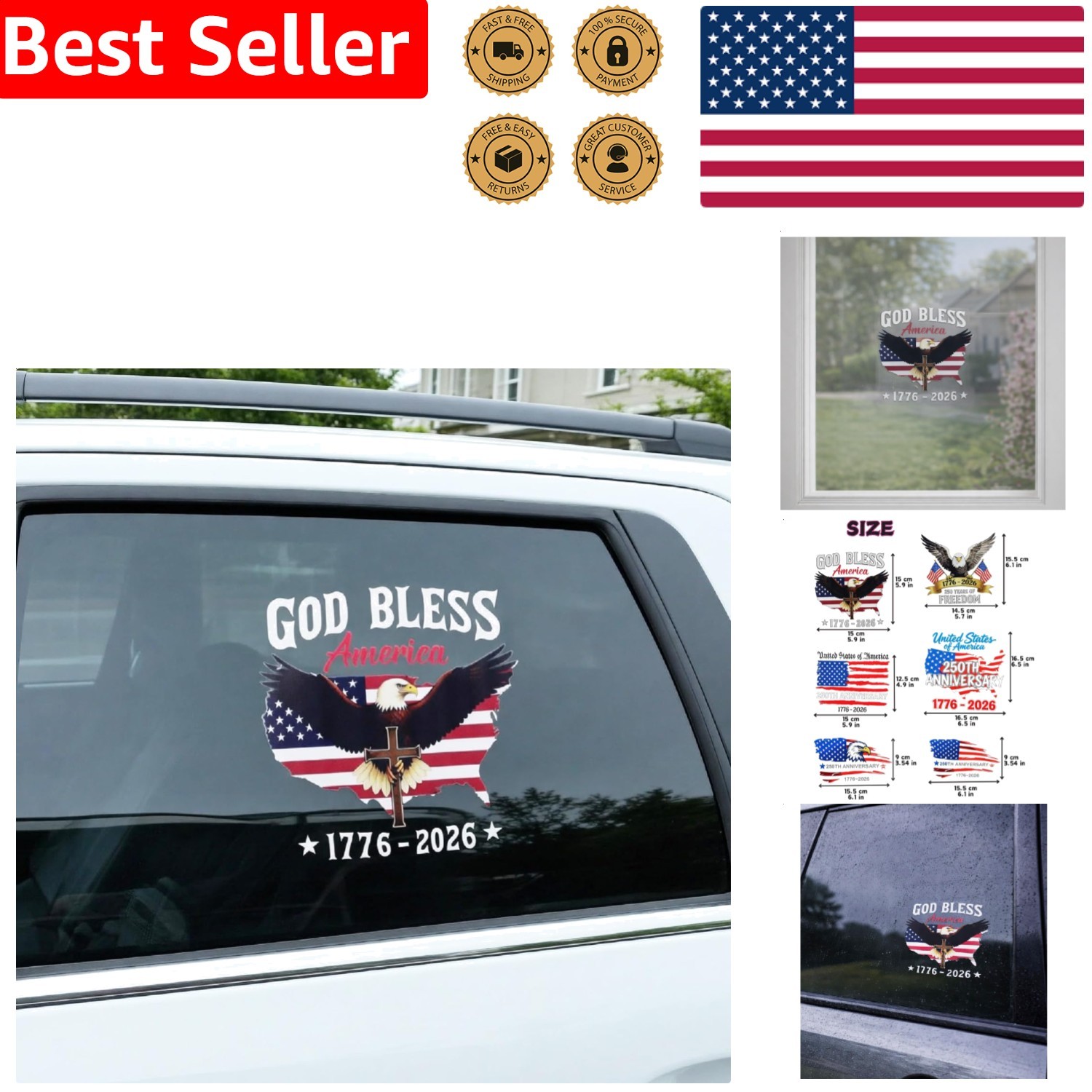 2 Pack 250th Anniversary USA Decals – Patriotic 4th of July Car Window Stickers