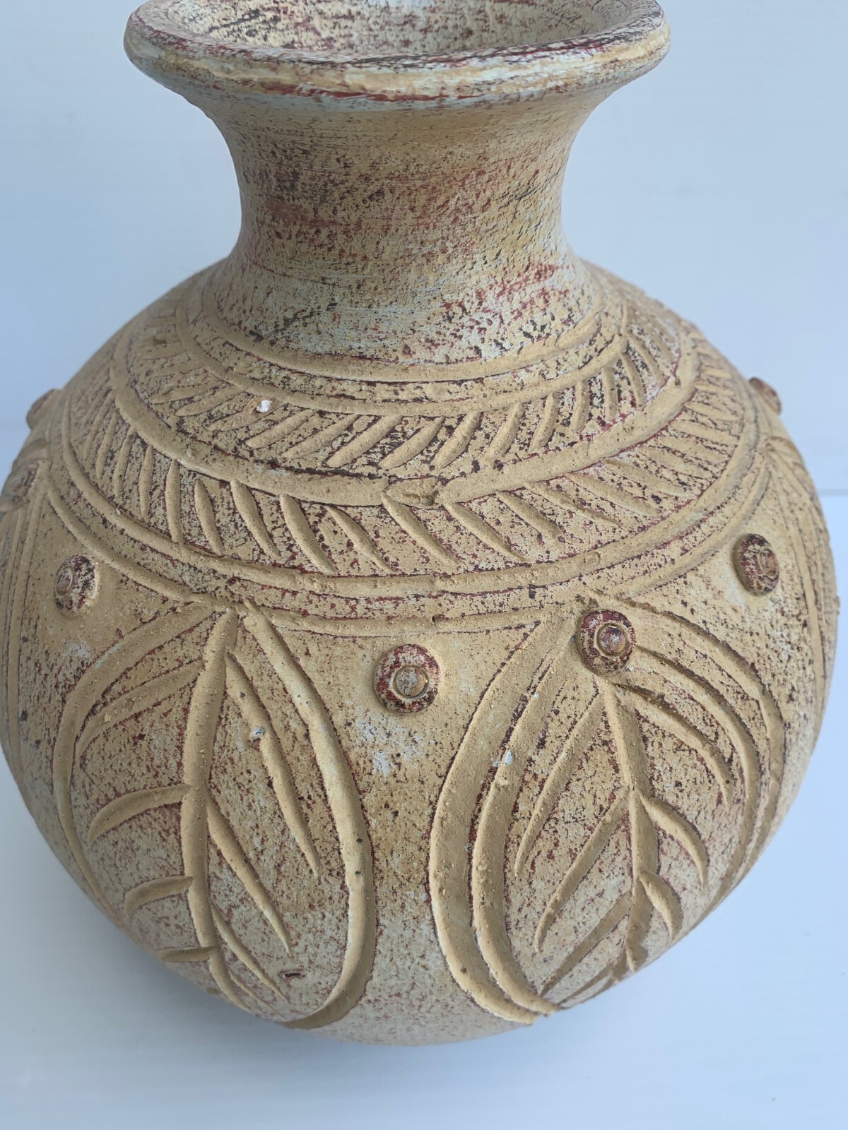 Terra Cotta Carved Art Vase Hand Made in Thailand Unique Leaf Design 10” Tall