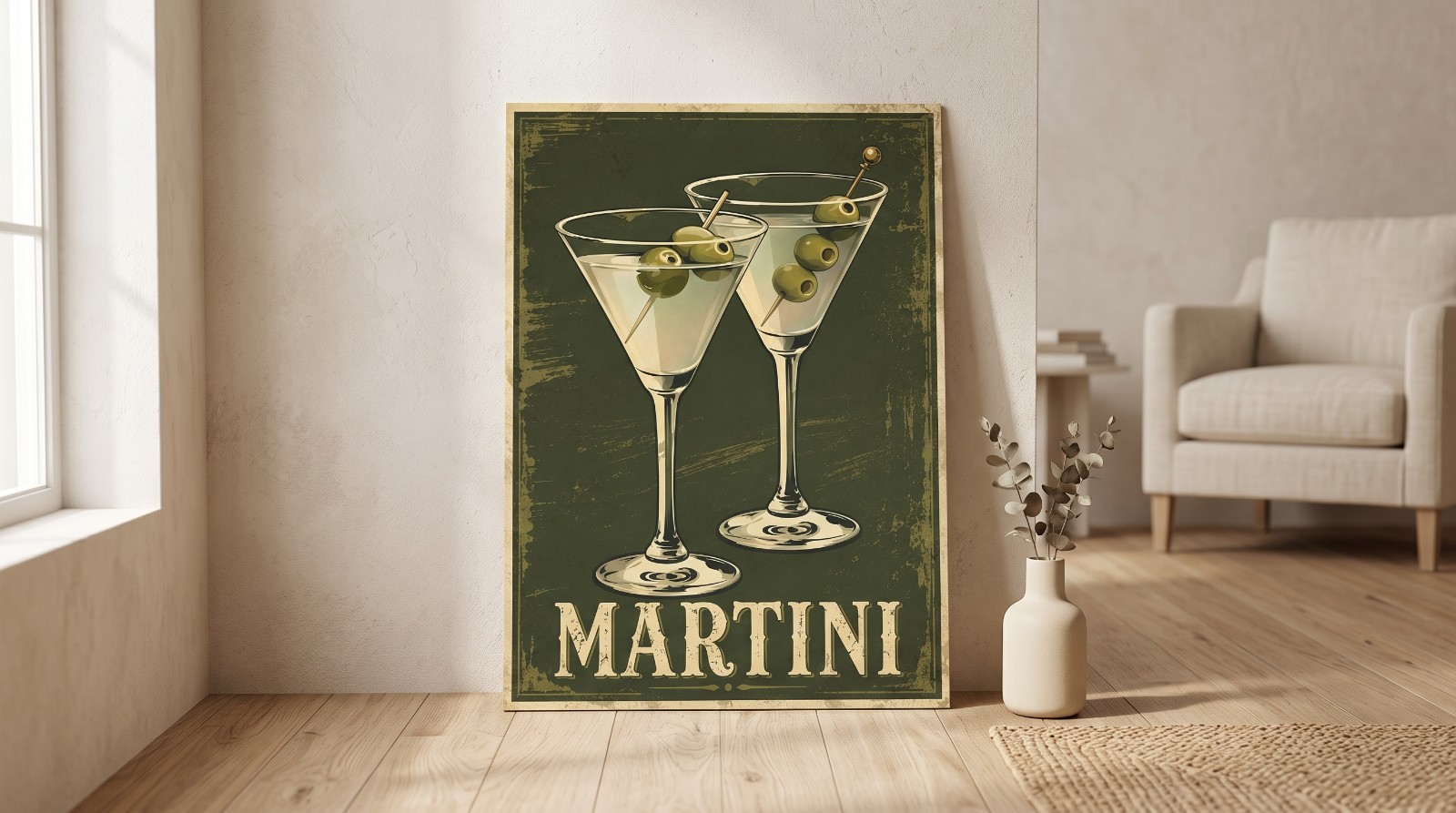 Vintage Martini Cocktail Poster Retro Bar Cart Wall Decor Olive Green Print