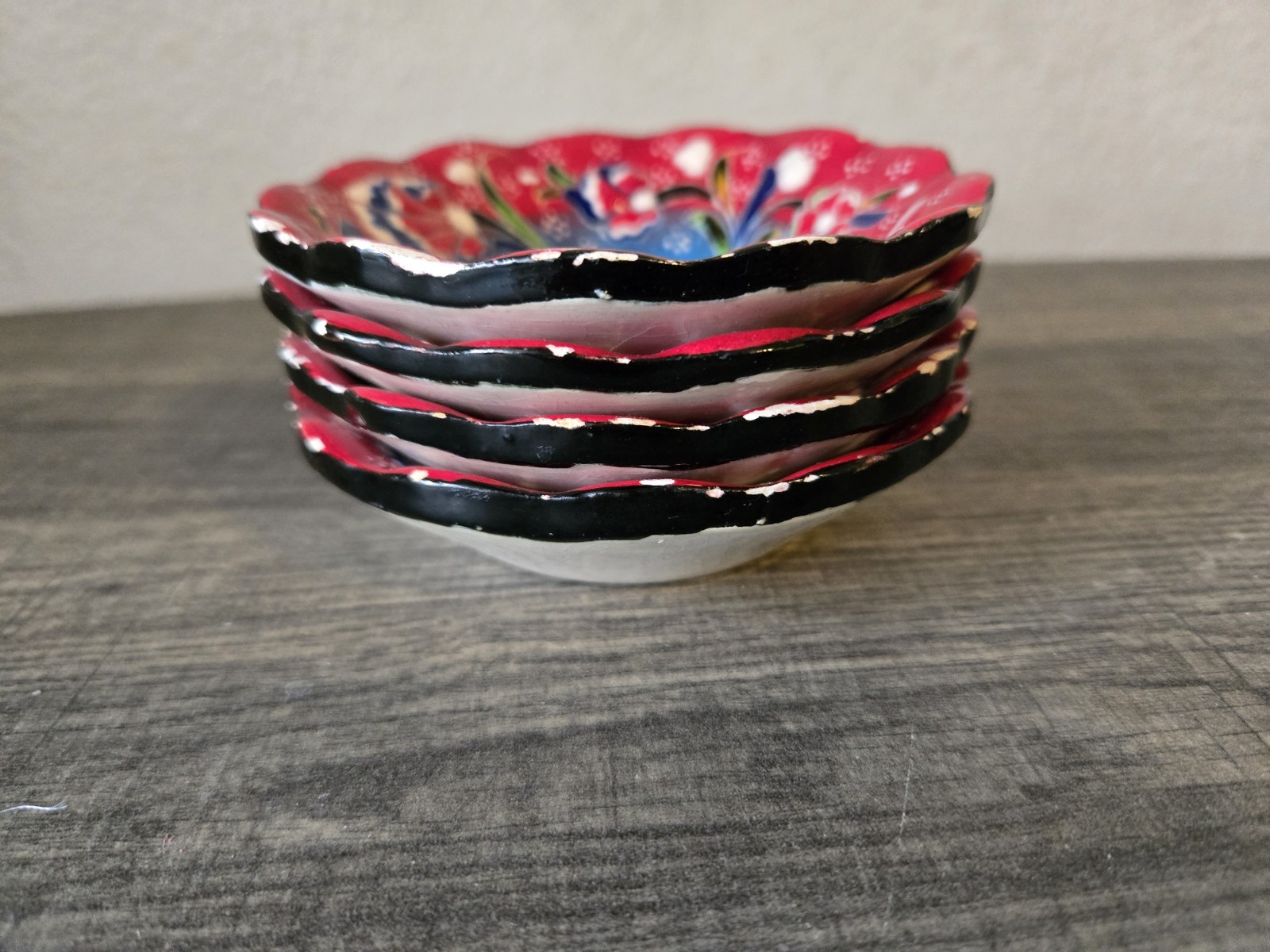 Ceramic Turkish Handmade Relief Bowls Set of 4, Red Floral Pattern, 4″ Plates