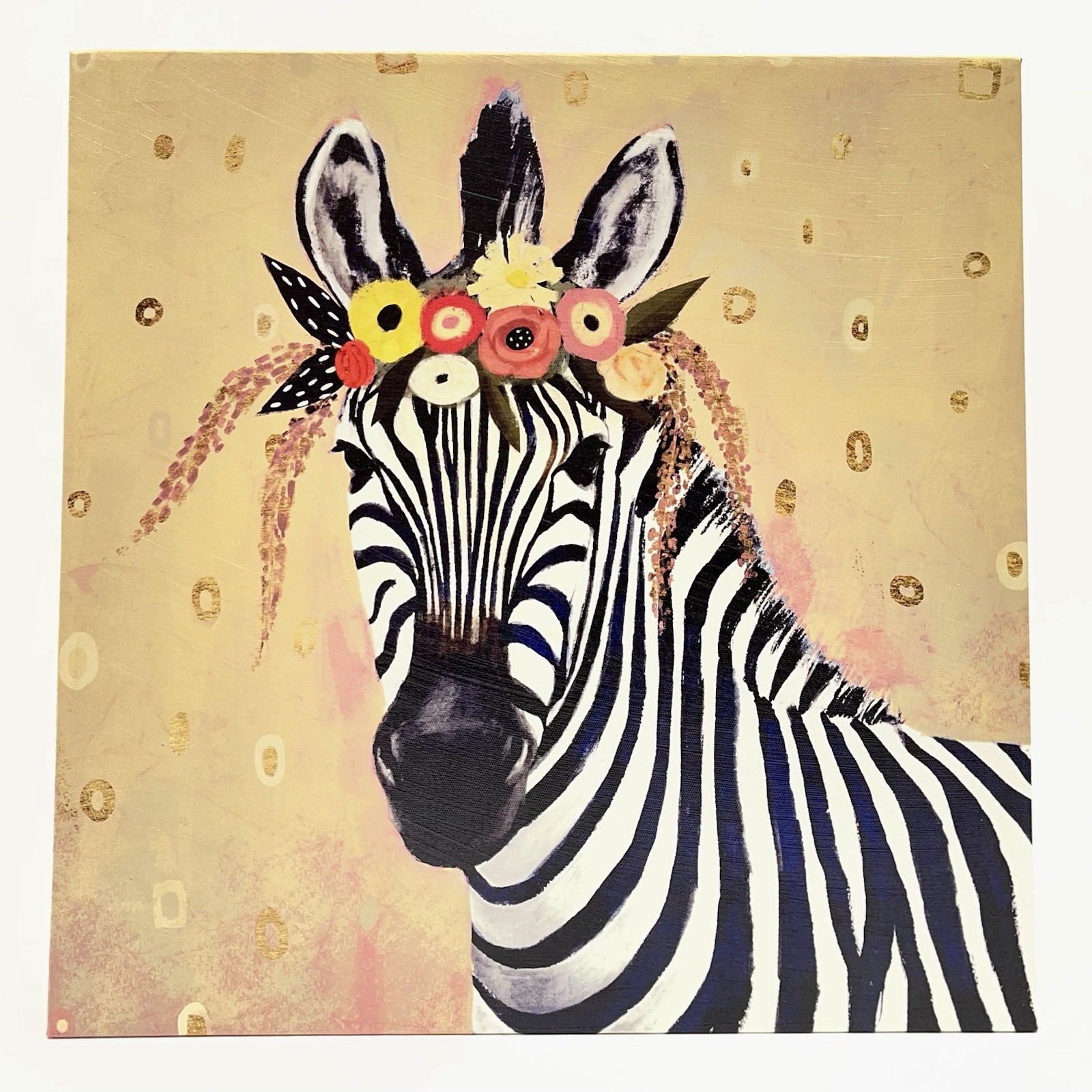 Zebra Canvas Wall Art 18×18” Floral Crown Animal Flowers Black and White Gold