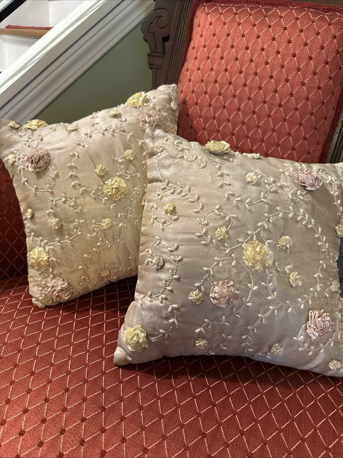 Decorative Embroidered Pillow Set Floral with Pearls Taupe 11×11