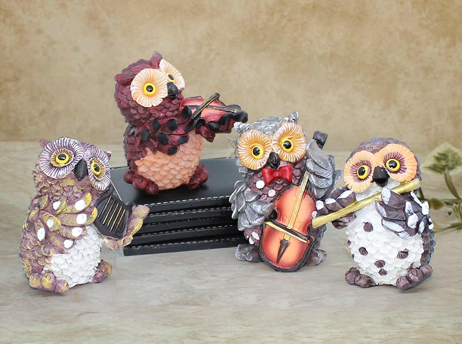 Owls Playing Musical Instruments, Garden Decoration Items for Home Set of 4