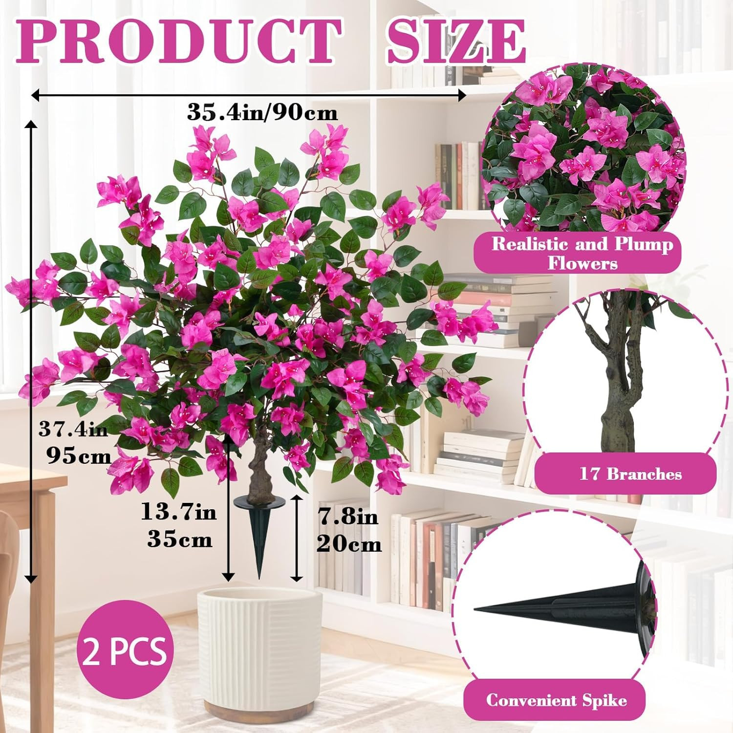2 Pack 37.4″ Bougainvillea Artificial Trees Outdoors Fake Bougainvillea Silk Flo