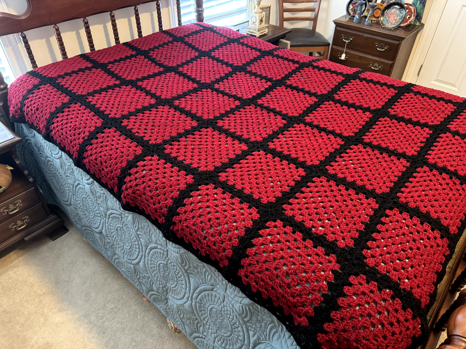 Vintage Crochet Throw Afghan Blanket 60×78 Deep Red Squares Outlined in Black
