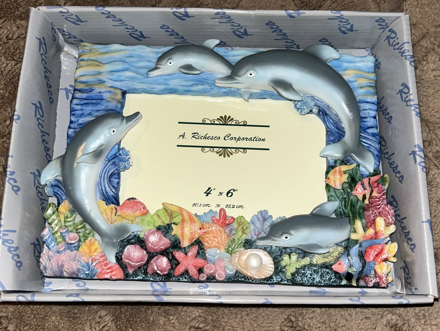 Dolphin Picture Frame 3D A Richardson Corp. 4×6” Hand Panted NIB