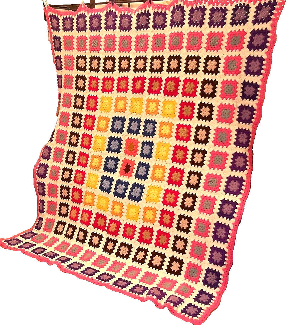 Granny Square Vintage Throw Multi Color Large 88X63 inches Retro Handmade
