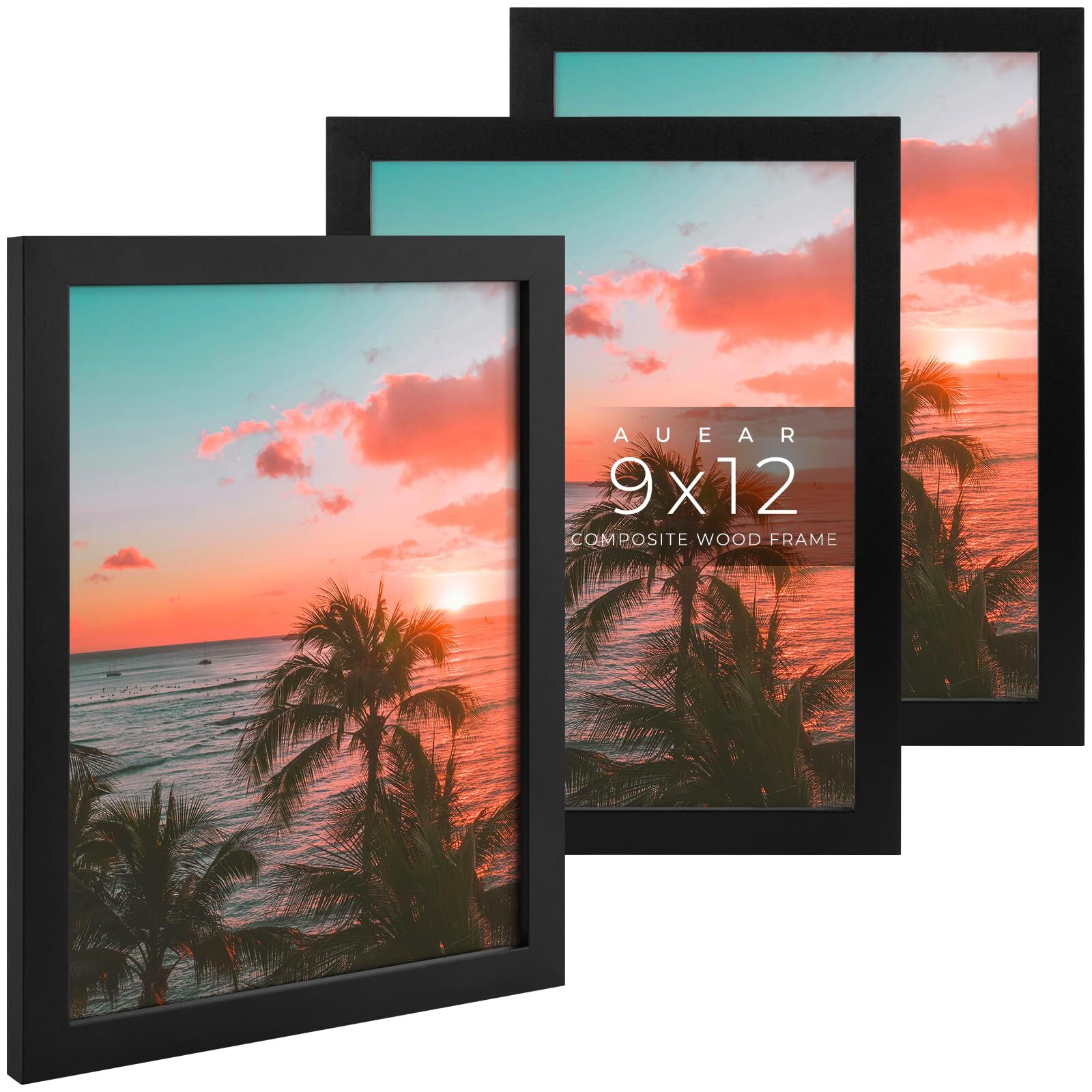 9×12 Picture Frames Black Engineered Wood Plexiglass Wall Mounting 3 Pack