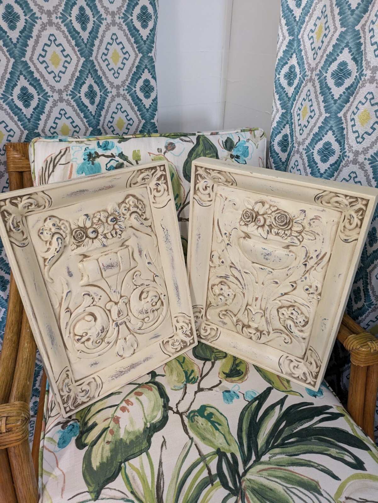 Pair Of 13.5 X 17.5 Cream Color Distressed Shabby Chic Carved Wall Plaques