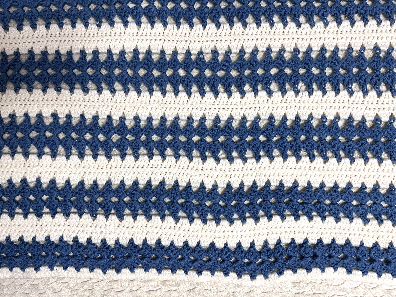 Vintage Crocheted Afghan Blanket Throw Handmade Granny Blue and White 62″ X 52″