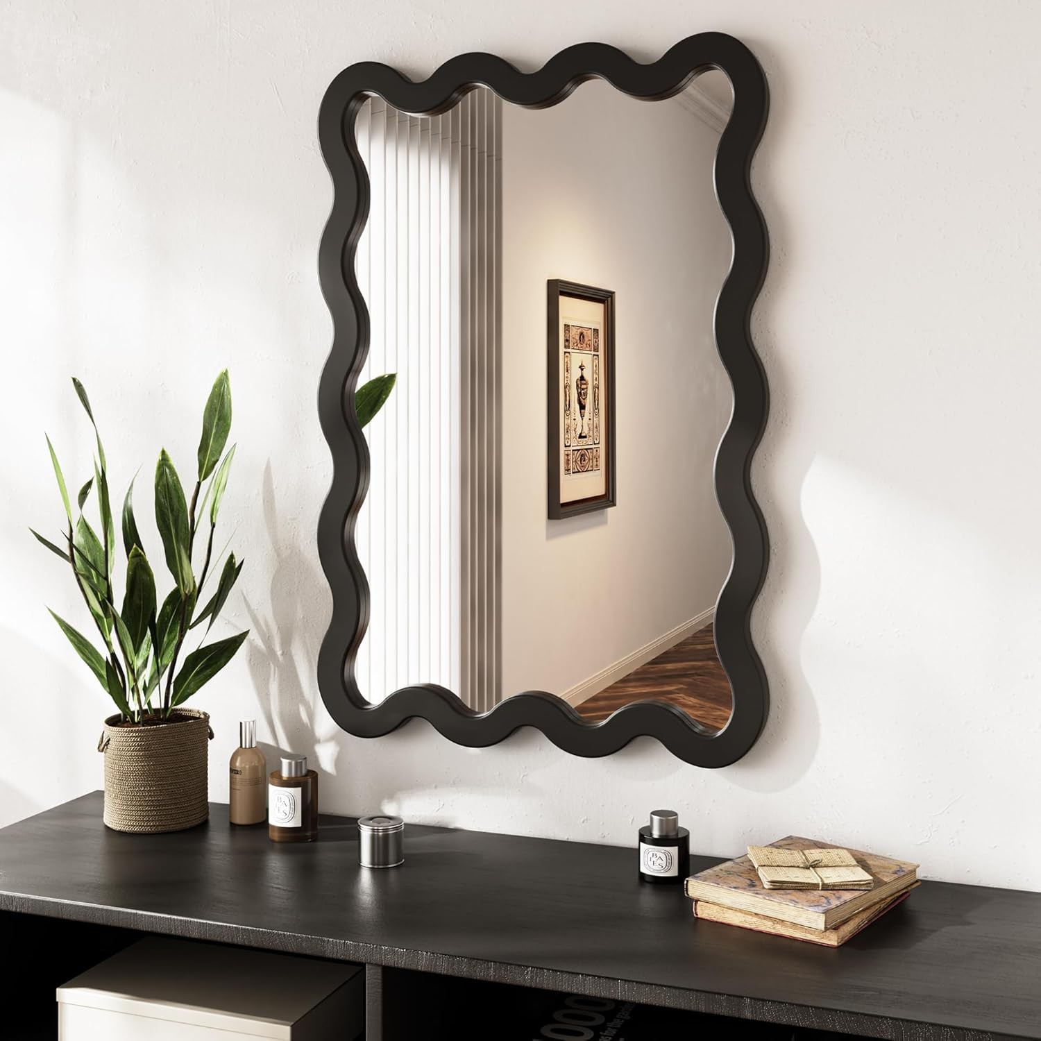 22″x30″ Matte Black Wavy Mirror, Solid Wood Irregular for Powder Room Vanity