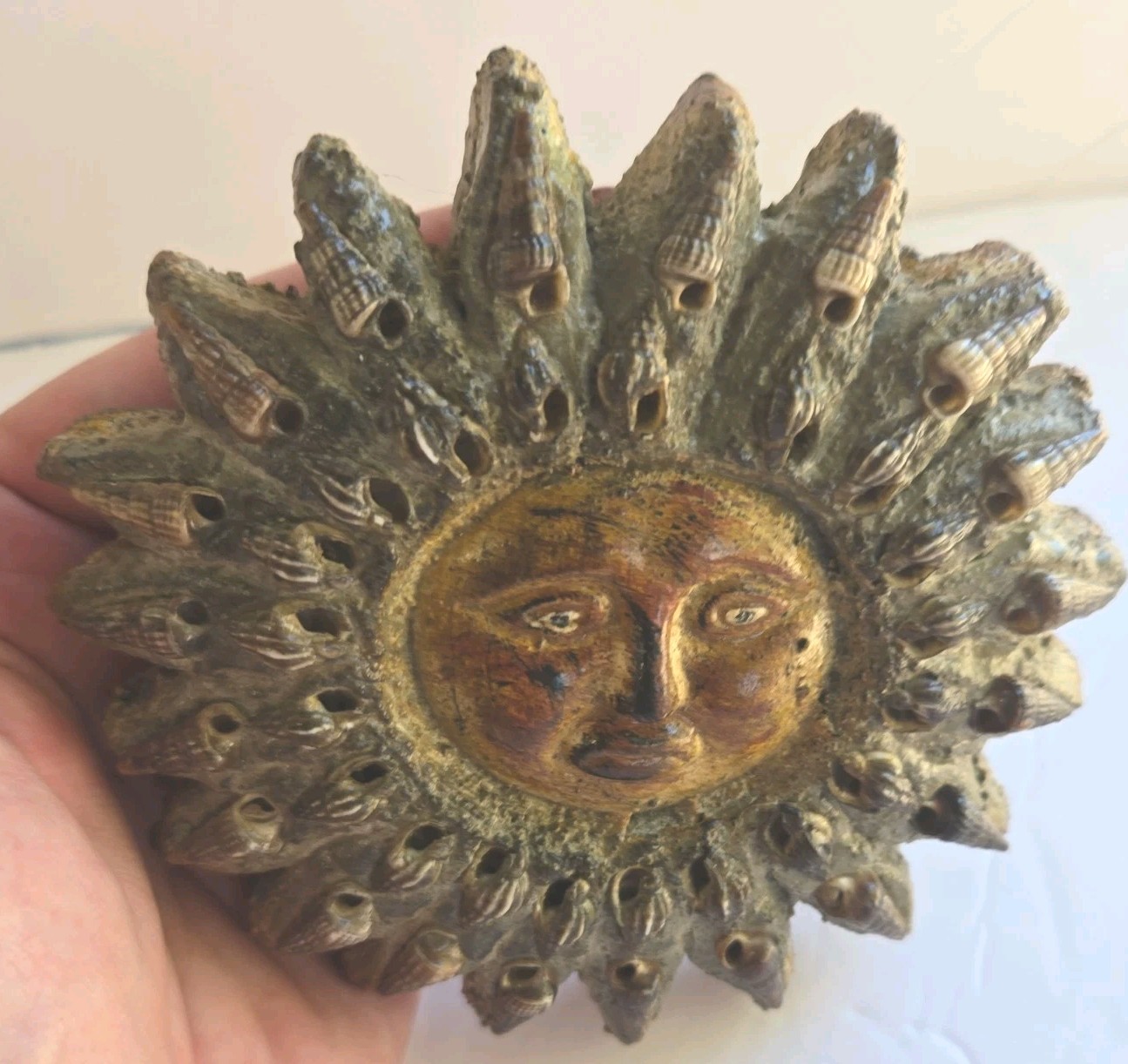 Heavy 5″ x1.5″ thick Ceramic / Clay Sun Face wall Hanging w Sea Shells unusual