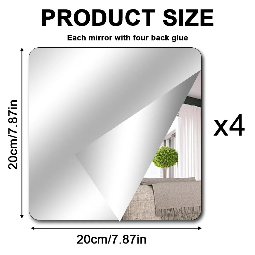 Mirrors Sheets Removable 4 Pack Stick On Wall Self Adhesive Acrylic Tiles Thick