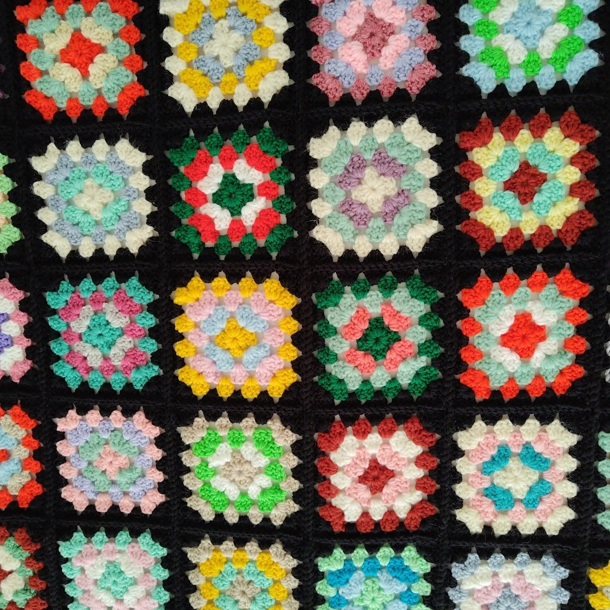 Granny Square Afghan Blanket Throw Handcrafted Crochet 49″x66″ Black Colorful