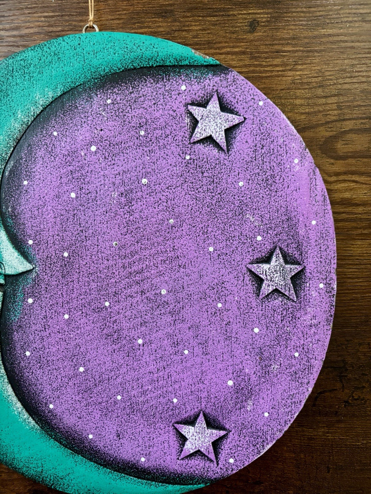 Vintage 90s y2k Wooden Celestial Sun & Moon Hanging Plaque Art Decor Purple Teal