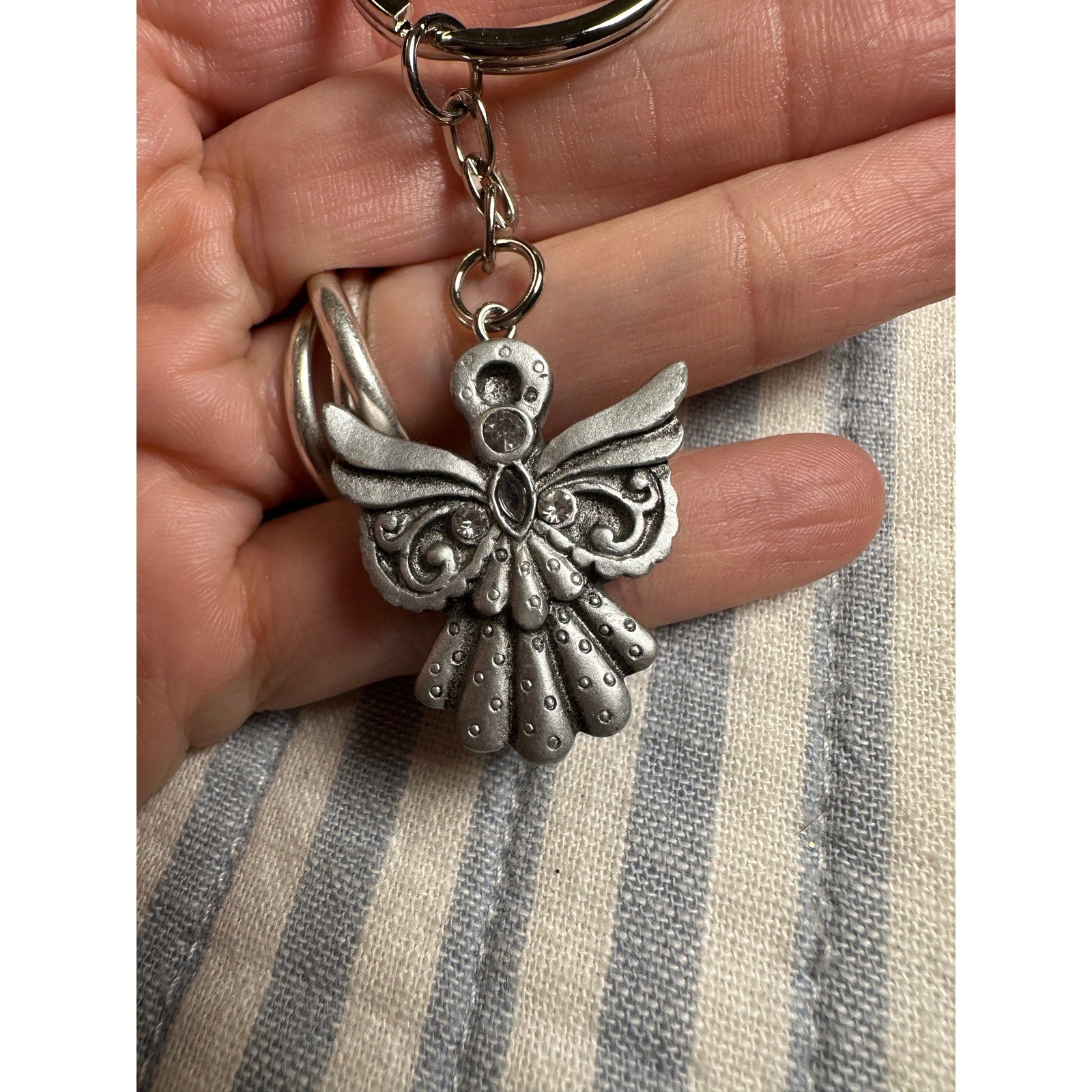 Silver Tone Guardian Angel Keychain Rhinestone Accent Spiritual Charm Bag Clip