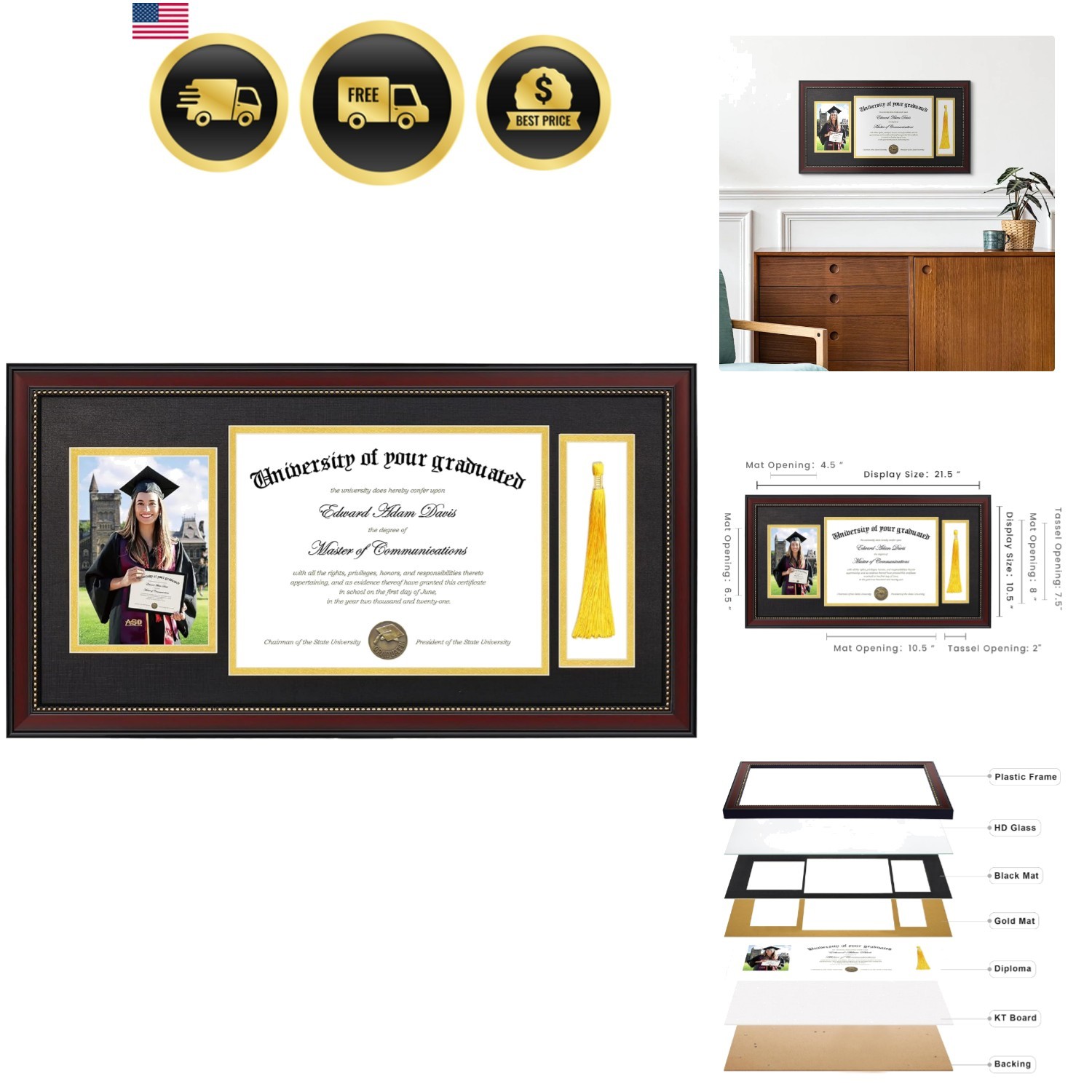 11×22 Diploma Frame with Tassel Holder for 8.5×11 Certificate and 5×7 Photo w…