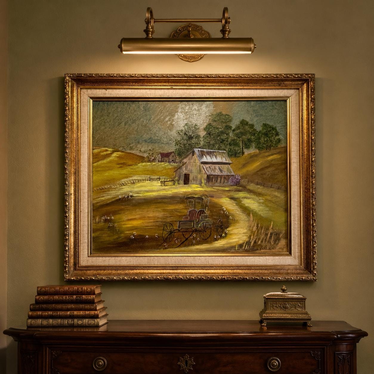 Vintage Oil Painting Signed Iva Frasier Barn Landscape 20×24 Gold Frame