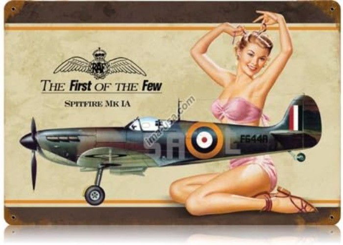 Tin Metal Sign British WW2 Vintage Spitfire Pinup Girl Wall Art Decor 8×12