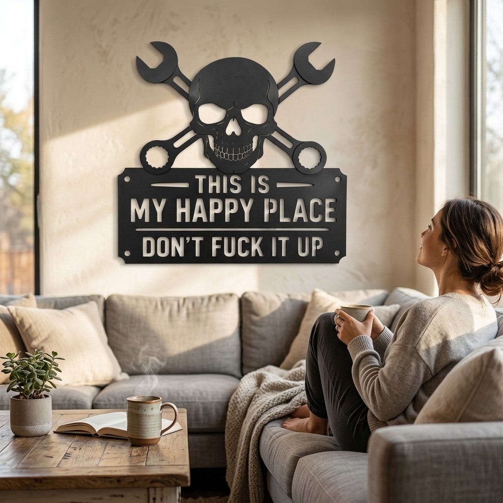 Edgy Skull & Wrenches Metal Wall Sign | This is My Happy Place Don’t Ruin It