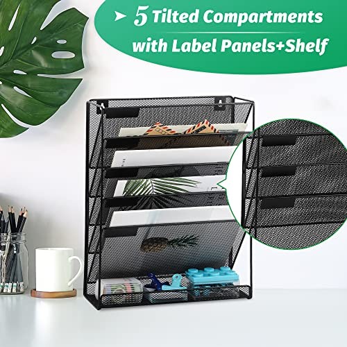 Desk File Organizer Mesh 6-Tier, Hanging Wall Mount Document 6 Tier Black