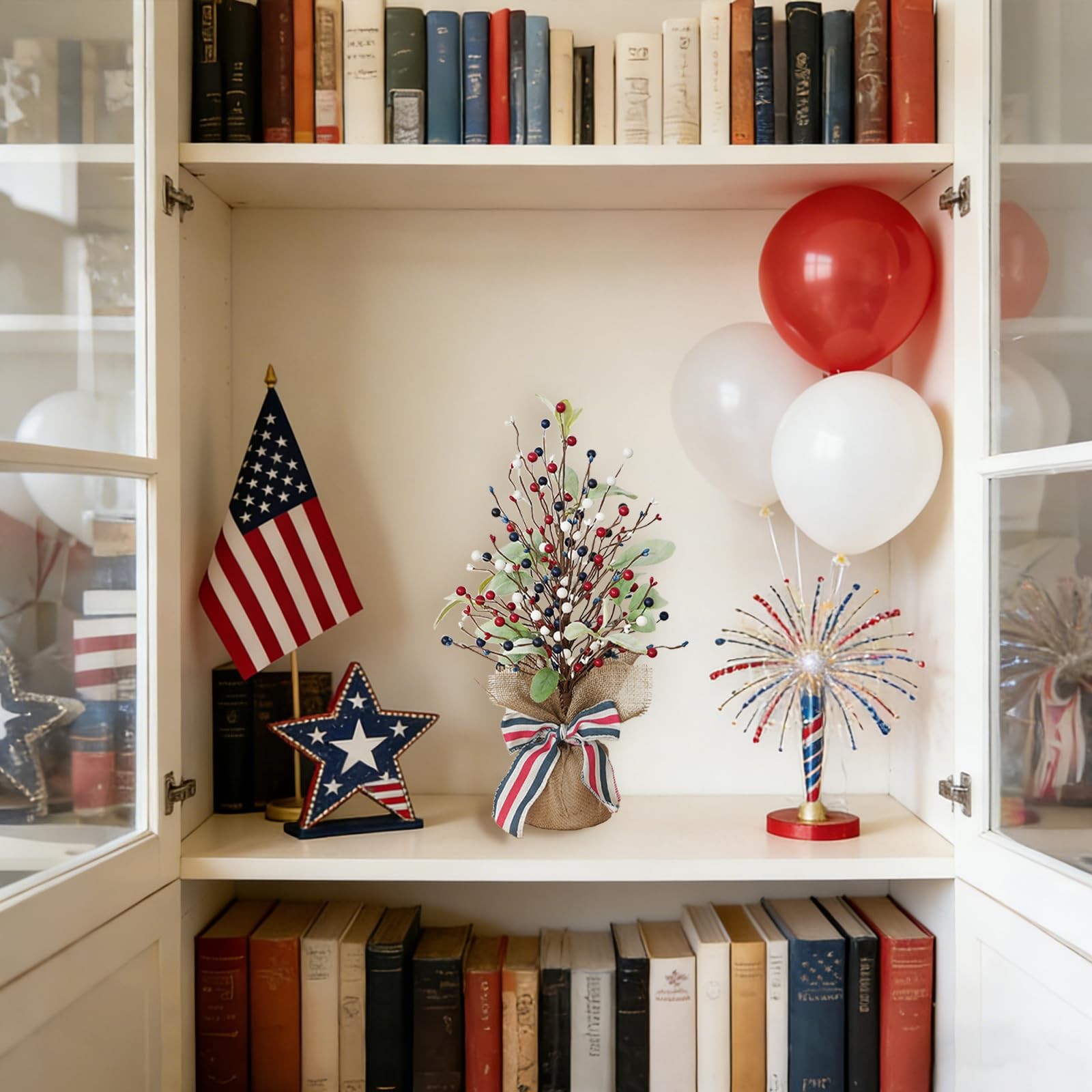 2 Pack 4th of July Artificial Tree Tabletop Decor Patriotic Tree Red Blue White