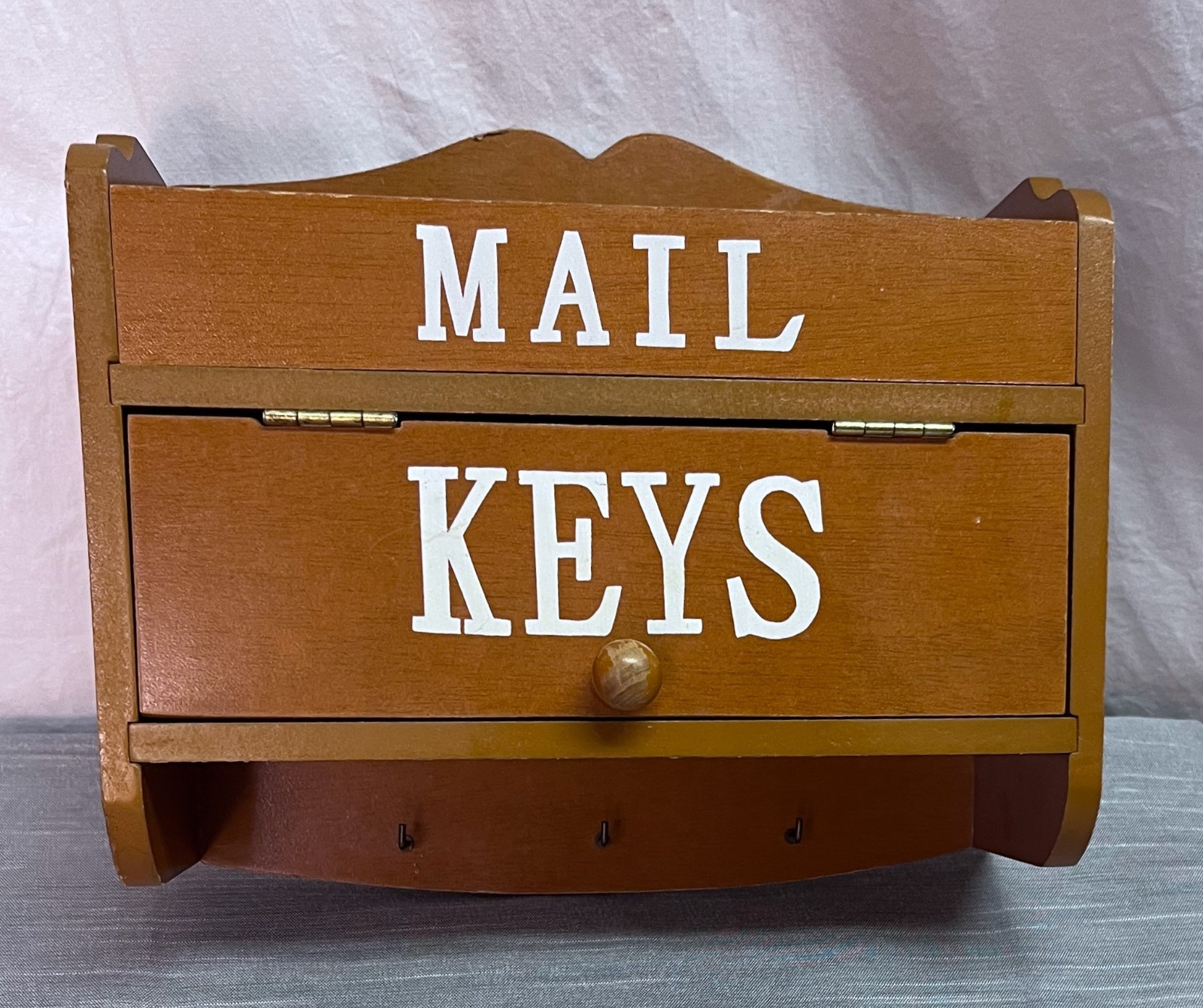 Vintage Wood Letter Rack Mail Holder With Key Hooks Wall Mounted 10″ x 7″ x 4″