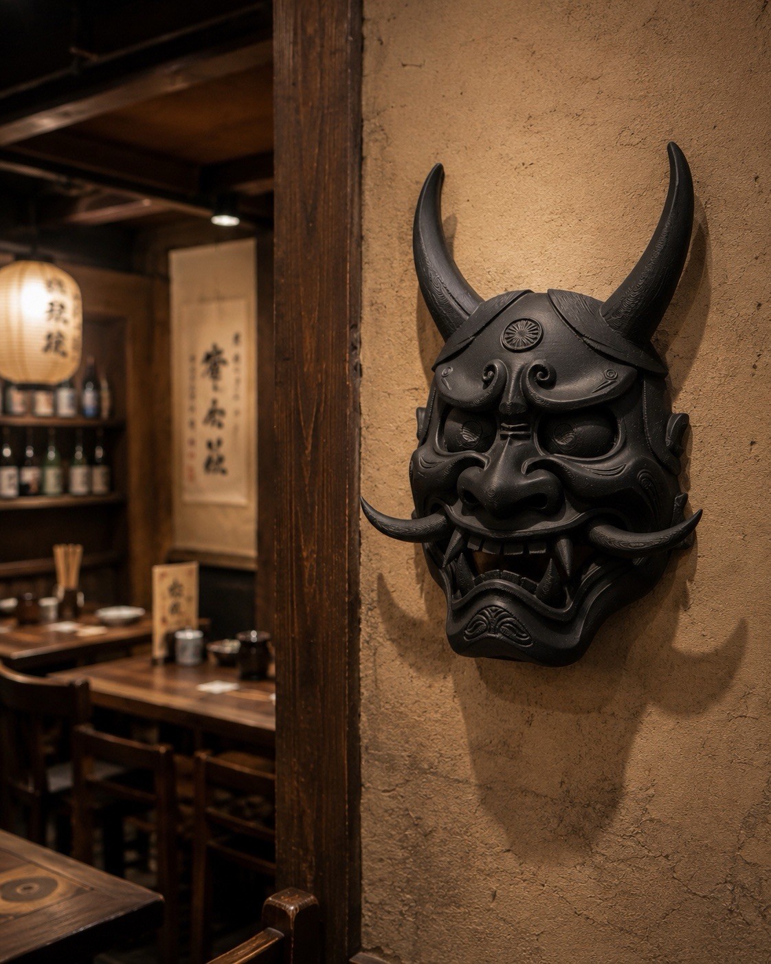 Black Japanese Oni Samurai Demon Mask Wall Decor Tattoo Bar Man Cave