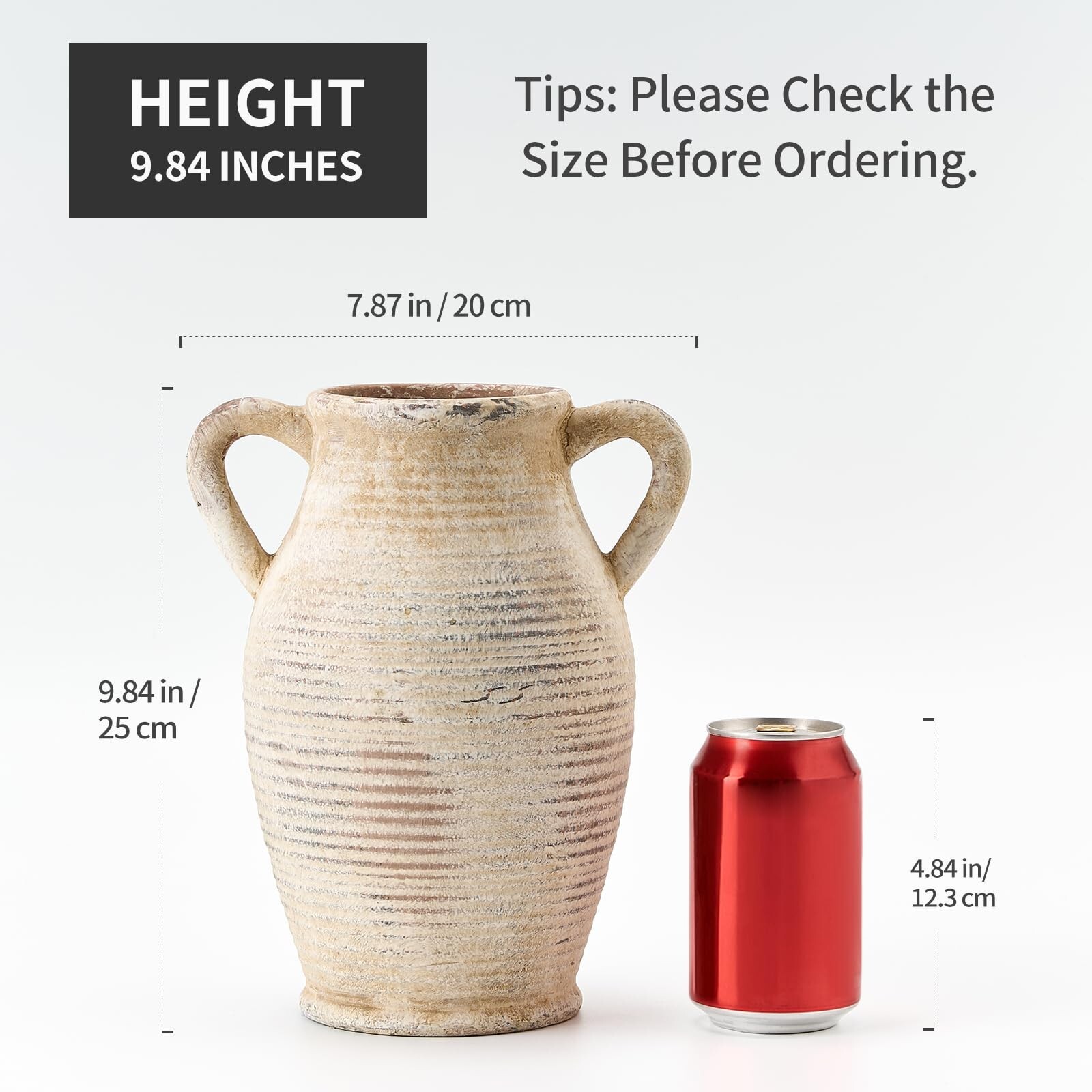 Large Ceramic Rustic Vase with 2 Handles, 9.8 inch Whitewashed Terra Cotta Va…