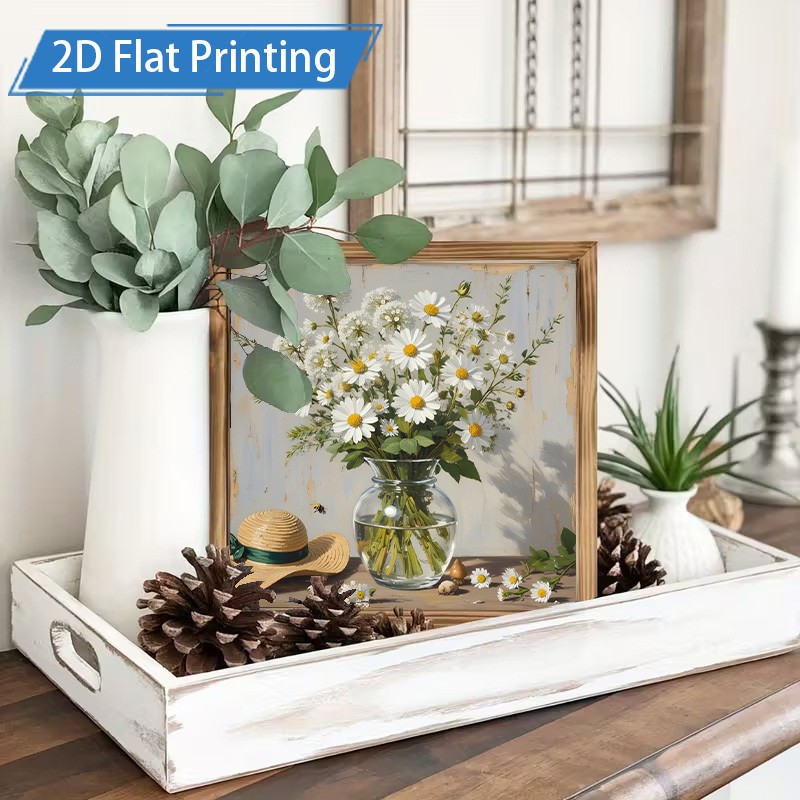 Rustic Textured White Daisy Flower Vase Bee Art Wooden Sign Living Room Wall