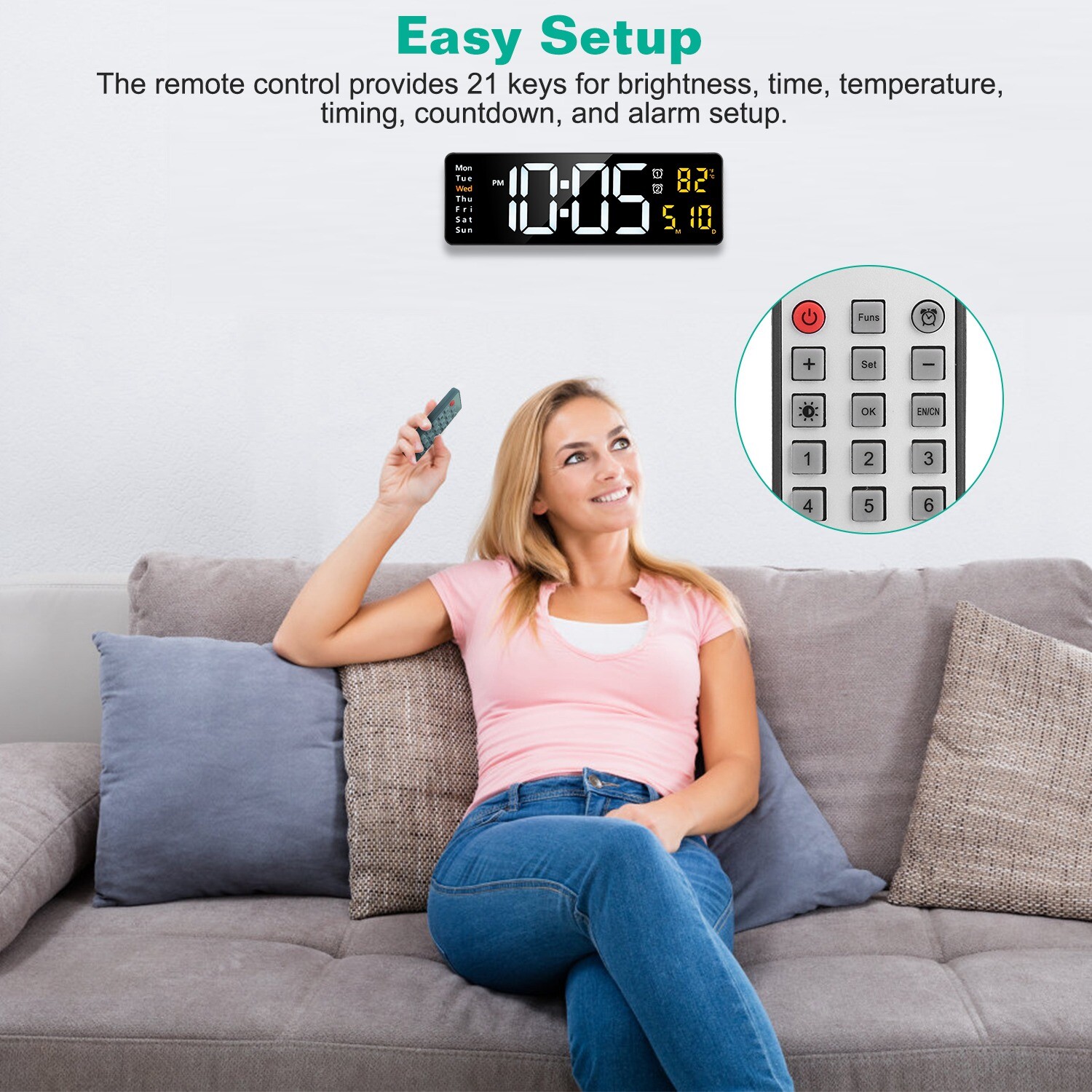 Digital Wall Clock Dual Alarm LED Digits Display Auto-Dimming 12/24Hr Time Clock
