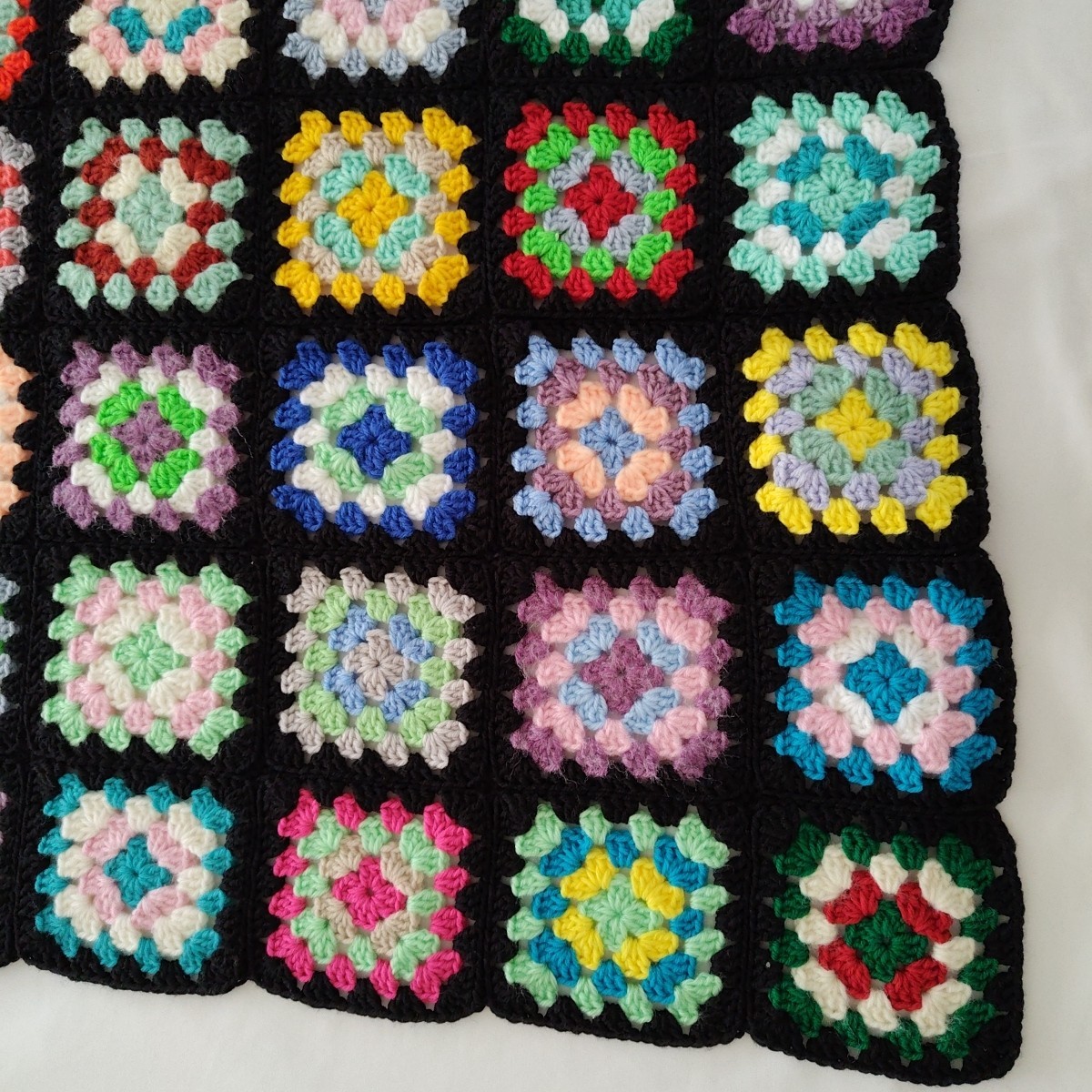 Granny Square Afghan Blanket Throw Handcrafted Crochet 49″x66″ Black Colorful
