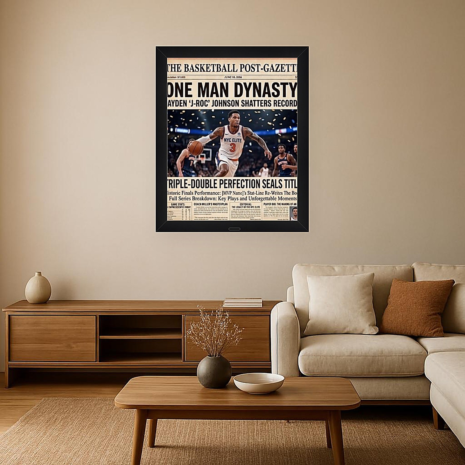 New York Daily News Newspaper Frame, Black Wood, Blue & Orange Mat