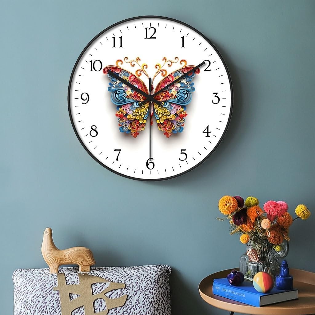 Compact 8 Inch Wall Clock with Silent Quartz Movement and Butterfly Design