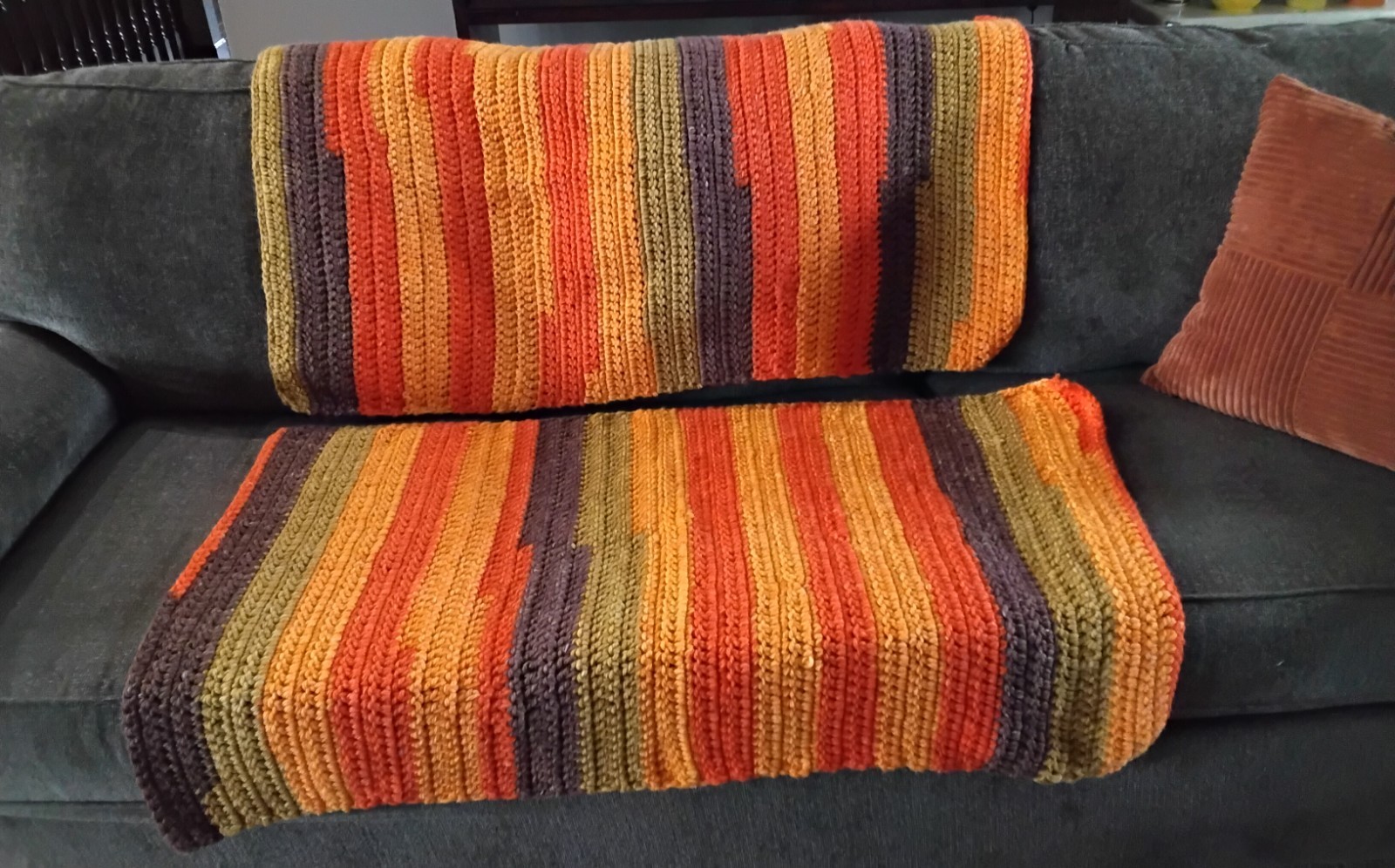 70s Vintage Knit Crochet Afghan Orange Green Brown Throw Blanket Boho Set Of 2