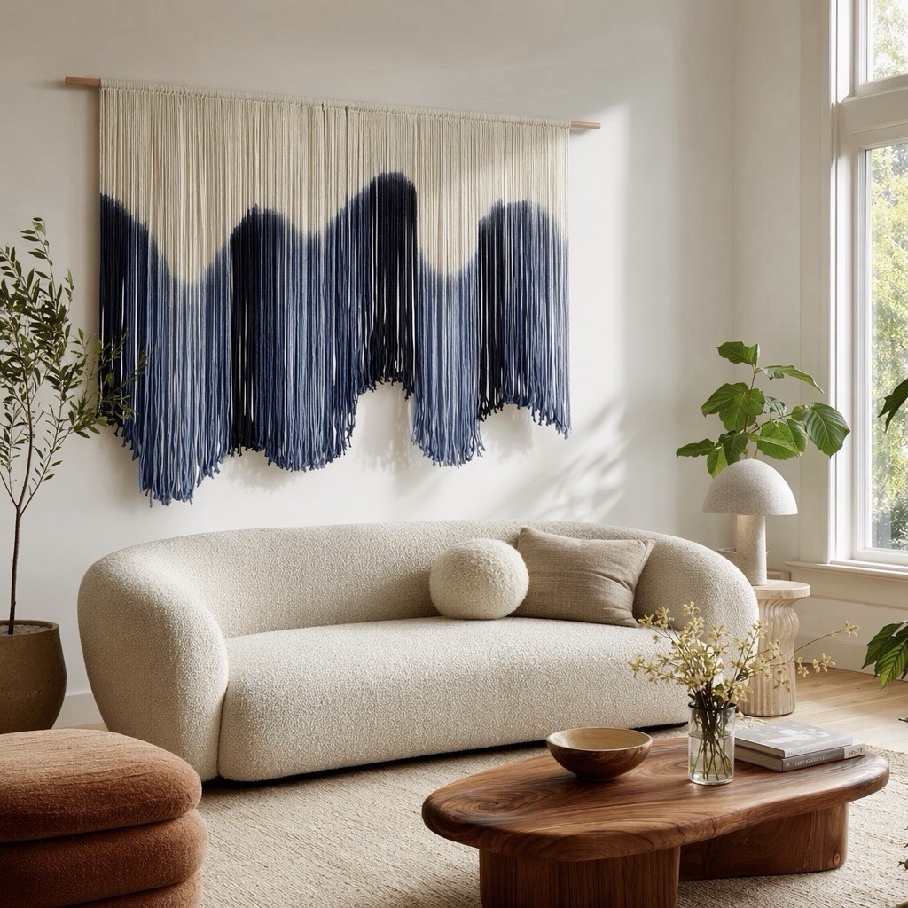 NEW Anthropologie XL Blue Dip Dyed Boho Tapestry Macrame Wall Hanging Art 57×40