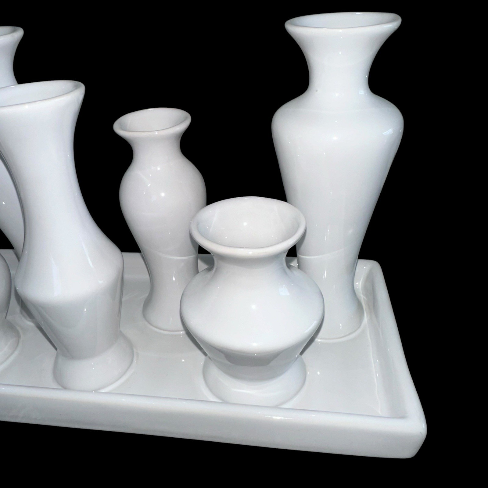 7 Bud Vases Attached Together On The Base, Ceramic Unique Art Deco White